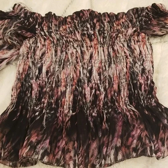 NWT All Saints Lara Smocked Off the Shoulder Top in Rainbow Pink, size 6 - Picture 8 of 10